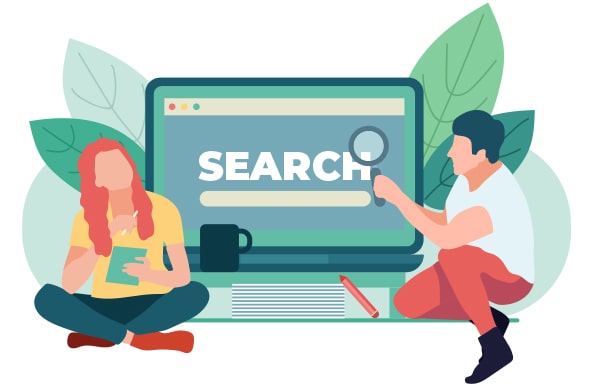 seo-search référencement naturel thérapeute illustration ordinateur et deux personnes praticien bien-être